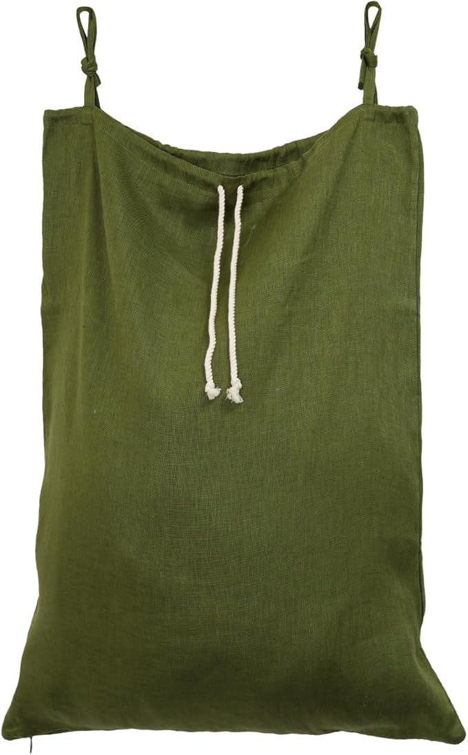 Linen Hanging Laundry Bag, Over The Door Laundry Hamper for Dirty Clothes, Drawstring Closure with Bottom Zipper, Army Green-Ruum Studio Home