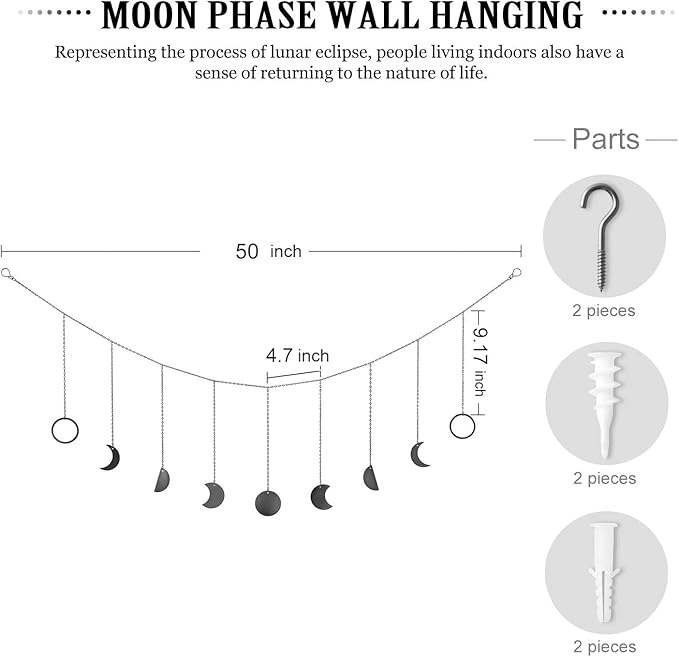 Mkono Moon Phase Wall Hanging Boho Aesthetic Room Decor Metal Moons Garland Hanging Art Bohemian Home Decoration for Girls Room Nursery Bedroom Livingroom Dorm, Ideal, Black, 50"-Ruum Studio Home