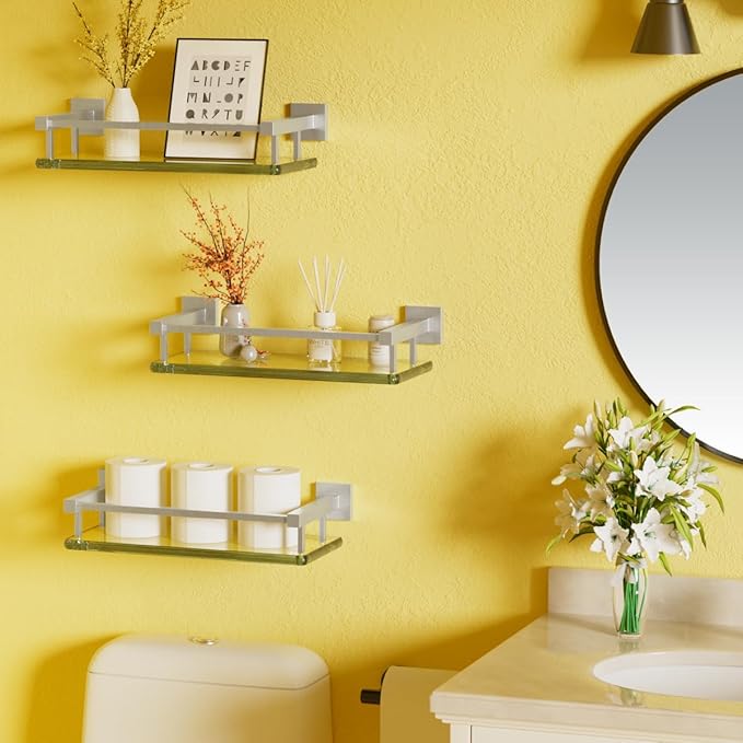 Alise Glass Shelves for Bathroom Wall, Tempered Glass Bathroom Shelf Wall Mounted, Modern Space Saving Floating Shelves 12 inch, Brushed Nickel-Ruum Studio Home