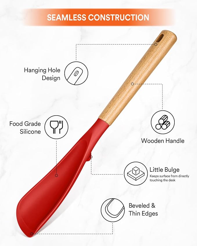 Multifunction Spatula Spoon for Nonstick Cookwares, Great for Cooking and Serving, Sturdy BPA-Free Matte Silicone, Wood Handle Spatula for Mixing, Scoop, and Scrape, Red(2 pack,11.4" & 13.4")-Ruum Studio Home