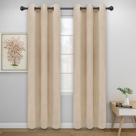 Easy-Going Blackout Curtains for Bedroom, Solid Thermal Insulated Grommet and Noise Reduction Window Drapes, Room Darkening Curtains for Living Room, 2 Panels (34x84 in, Beige)-Ruum Studio Home