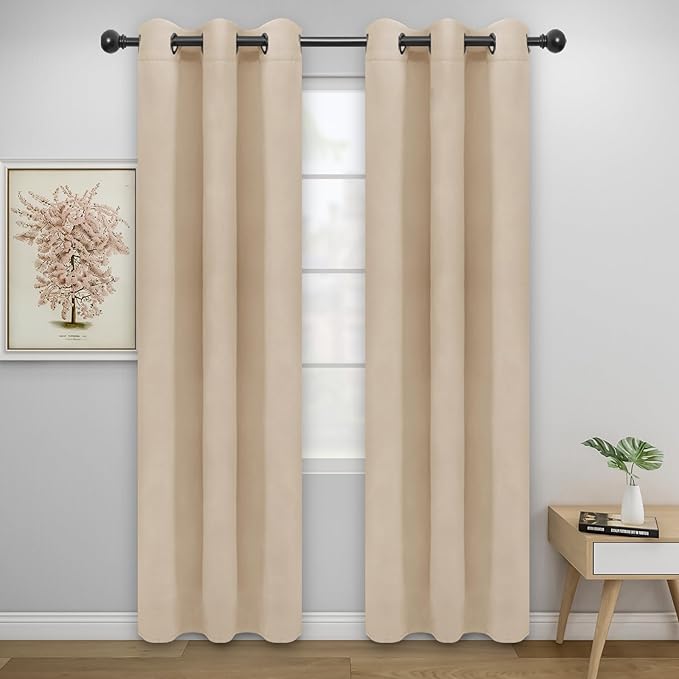 Easy-Going Blackout Curtains for Bedroom, Solid Thermal Insulated Grommet and Noise Reduction Window Drapes, Room Darkening Curtains for Living Room, 2 Panels (34x72 in, Beige)-Ruum Studio Home