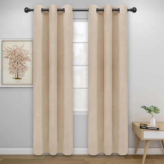 Easy-Going Blackout Curtains for Bedroom, Solid Thermal Insulated Grommet and Noise Reduction Window Drapes, Room Darkening Curtains for Living Room, 2 Panels (34x72 in, Beige)-Ruum Studio Home