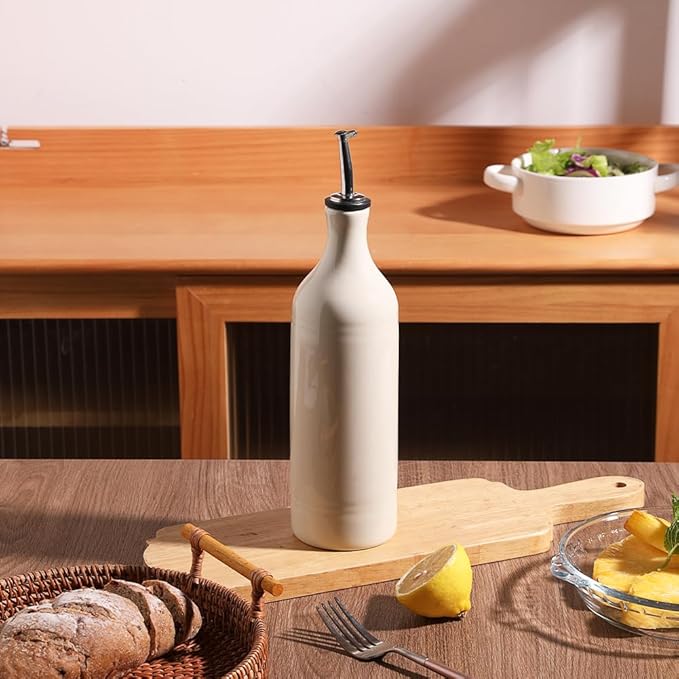 Sweejar Large Ceramic Olive Oil Dispenser Bottle, Opaque Oil Cruet Protects Oil to Reduce Oxidation, Storage Oil, Vinegar, Soy Sauce & Other Liquids, Pack of 1, 24 Fl Oz (Beige)-Ruum Studio Home