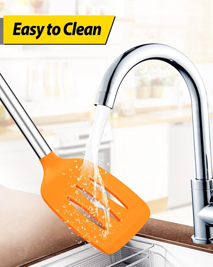 Pack of 2 Silicone Solid Turner, Non Stick Slotted Kitchen Spatulas, High Heat Resistant BPA Free Cooking Utensils, Ideal Cookware for Fish, Eggs, Pancakes (ORANGE)-Ruum Studio Home