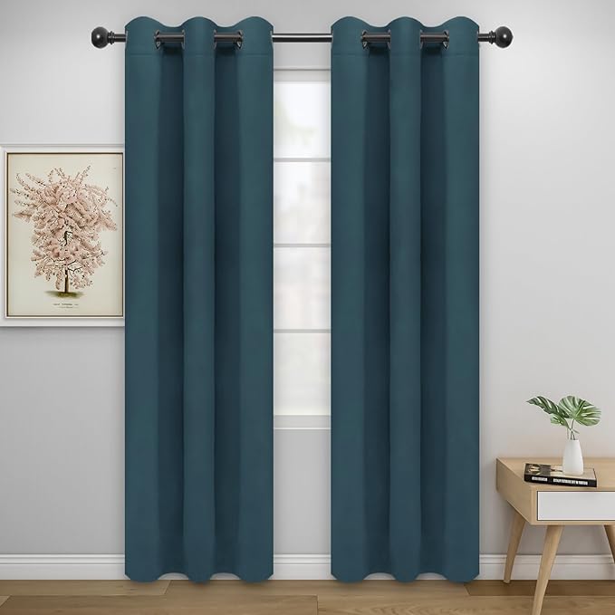 Easy-Going Blackout Curtains for Bedroom, Solid Thermal Insulated Grommet and Noise Reduction Window Drapes, Room Darkening Curtains for Living Room, 2 Panels (34x84 in, Bluestone)-Ruum Studio Home