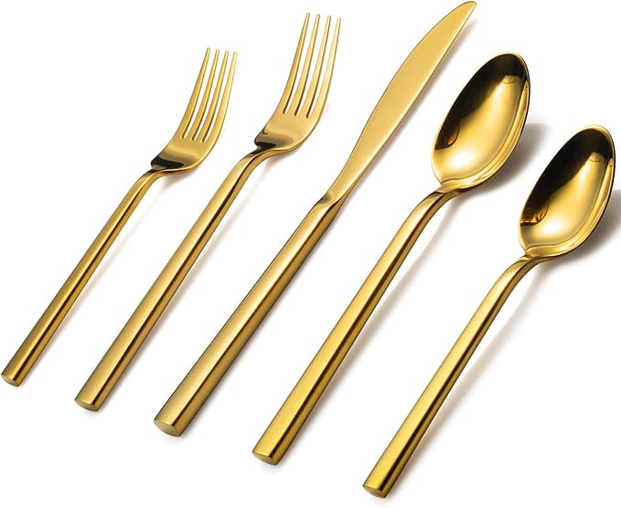 Alata Cube Gold 20-Piece Flatware Set, Forged Cutlery Set, Mirror Finish Silverware Service for 4, Stainless Steel Tableware with Square Handle for Home/Restaurant, Dishwasher Safe-Ruum Studio Home