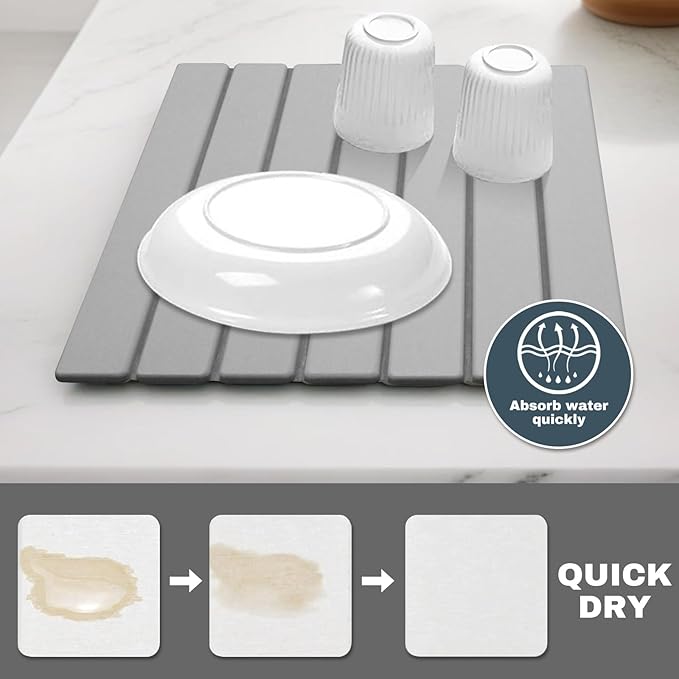 Large Stone Dish Drying Mats for Kitchen Counter, Quick Dry Absorbent Collapsible Dish Drying Mat,Diatomaceous Earth Mats for Dishes Bottles Cups,Match Any Countertop,Grey 16 * 12inch-Ruum Studio Home