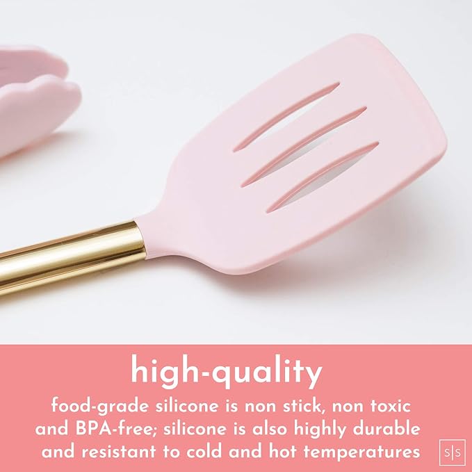 Gold and Pink Kitchen Utensil Set with Holder - 7-Piece Cooking Tools with Gold Whisk, Ladle, Tongs, Turner, Spatula, and Spoon - Stylish Pink Kitchen Accessories for Modern Cooking & Serving-Ruum Studio Home