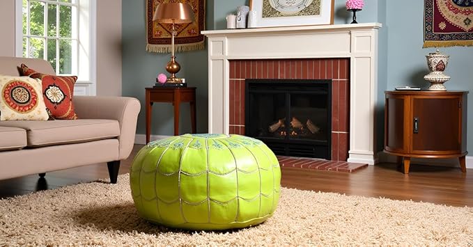 Stuffed Arch Design Moroccan Leather Pouf Ottoman, Handmade, Pre-Filled, 100% Genuine Leather, 14” Height x 22” Diameter – Boho Chic Footstool & Living Room Décor (Lime Green)-Ruum Studio Home