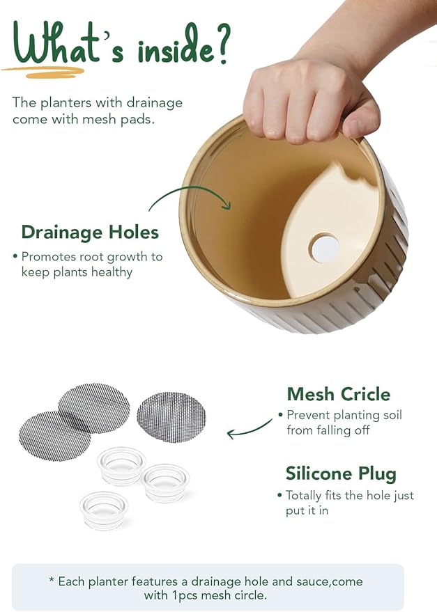 LE TAUCI Fluted Ceramic Planters Set of 3 – 8.3/7 / 5.7 in Cloud Cream Reactive Cylinder Indoor Plant Pots with Drainage Plug & Mesh, Glossy Stoneware Flower Pots for Succulents Herbs-Ruum Studio Home