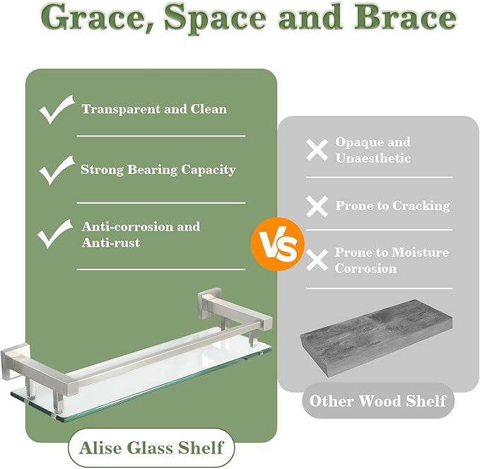 Alise Bathroom Glass Shelf with Stainless Steel Railing, Brushed Nickel Small Tempered Glass Floating Wall Shelf Over The Toilet, 16 inch-Ruum Studio Home