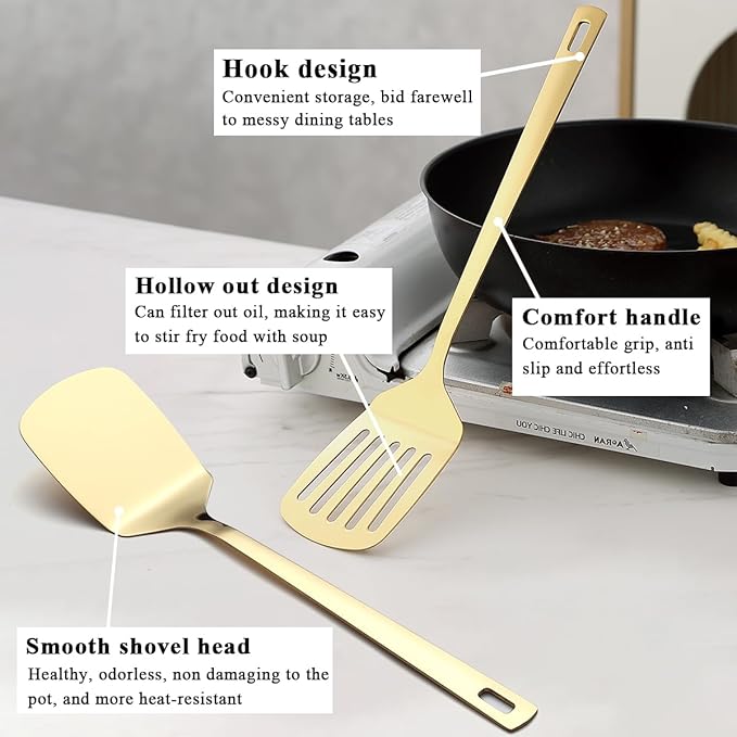 Evanda Gold Kitchen Utensils Set 6pcs, Titanium Plating Stainless Steel Cooking Utensils Set, Heavy Duty Kitchen Tools Spatulas Set, Home Essentials Kitchen Gadgets Accessories-Ruum Studio Home