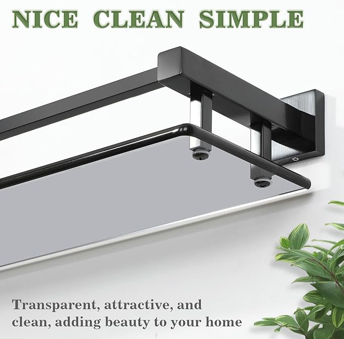 Alise Bathroom Glass Shelf with Stainless Steel Railing, Matte Black Small Tempered Glass Floating Wall Shelf Over The Toilet, 16 inch-Ruum Studio Home