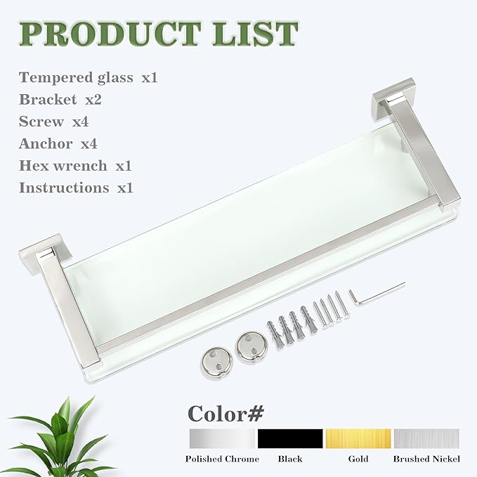 Alise Bathroom Glass Shelf with Stainless Steel Railing, Polished Chrome Small Tempered Glass Floating Wall Shelf Over The Toilet, 16 inch-Ruum Studio Home