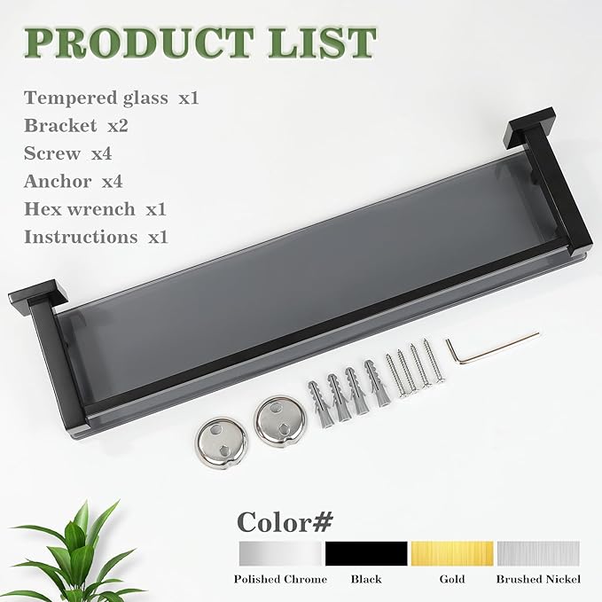 Alise Bathroom Shelf Wall Mounted, Matte Black Large Capacity Glass Shelf for Bathroom, 24 inch-Ruum Studio Home