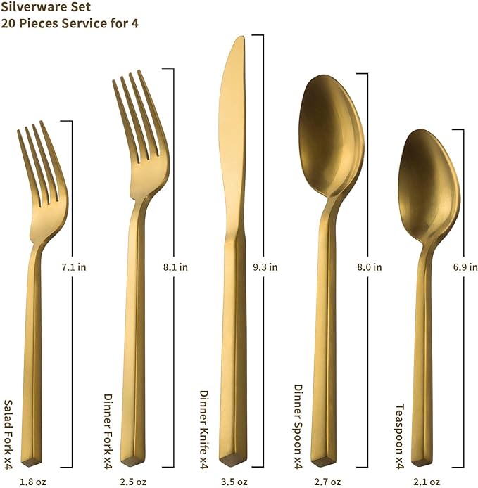 Alata Cube Gold 20-Piece Flatware Set, Forged Cutlery Set, Matte Gold Silverware Service for 4, Stainless Steel Tableware with Square Handle for Home/Restaurant, Dishwasher Safe-Ruum Studio Home