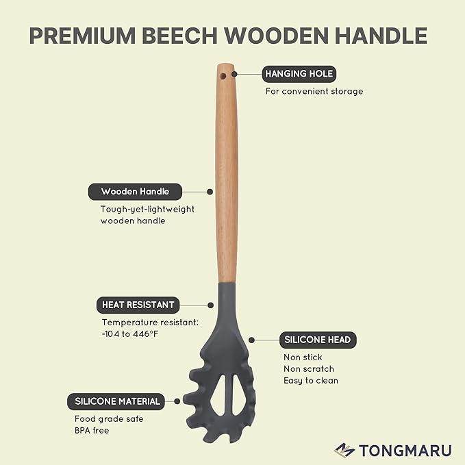 Silicone Cooking Utensils Set, Premium Beech Wood Handle Kitchen Gadgets Utensil Set, Non-Stick Kitchen Utensils Spatula, Tongs, Turner, Whisk, Brush, Spoon, BPA FREE, 446°F Resistant (Dark Gray)-Ruum Studio Home