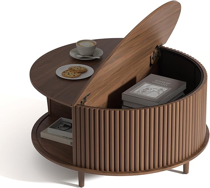 Round Coffee Table with Storage,Fluted Center Table with Sliding Cabinet Door for Living Room,Home Small Space,31.5" Small Center Table,Walnut-Ruum Studio Home
