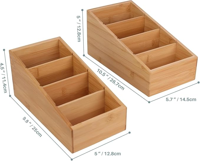 HTB 4-Section Snack Organizer with Removable Dividers for Kitchen, Cabinet, Office, Countertop, 2 Pack Bamboo Pantry Storage Organization for Spice Packets, Seasoning Pouches, Coffee Pods-Ruum Studio Home