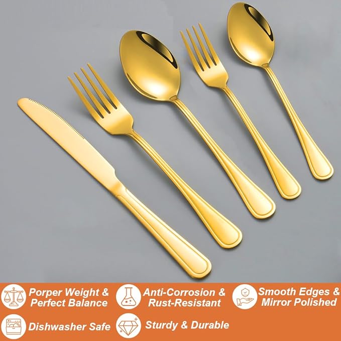 40 Pcs Gold Silverware Set for 8 with Simple Striped Handle Design, Food Grade Stainless Steel Flatware Set, Eating Utensils Sets Include Fork/Knife/Spoon, Cutlery Set, Dishwasher Safe-Ruum Studio Home