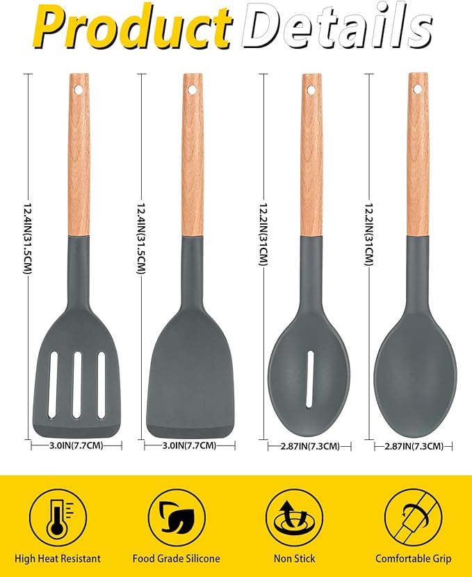 Pack of 4 Silicone Cooking Utensils Set, Non Stick Solid Spatulas and Heat Resistant Slotted Spoons with Wooden Handle, Ideal Wood Kitchen Utensils Set for Frying,Serving,Turning,Stirring (GRAY)-Ruum Studio Home