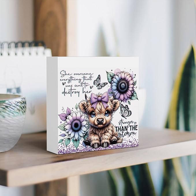 Cute Highland Cow Baby Decor, Highland Cow Sunflower Decor, Highland Cow Gifts for women, Highland Cow Nursery Decor, Wooden Box Decor Sign for Home Farmhouse Office Living Room Table Shelf-Ruum Studio Home