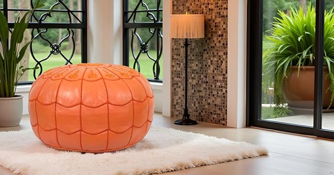 Stuffed Arch Design Moroccan Leather Pouf Ottoman, Handmade, Pre-Filled, 100% Genuine Leather, 14” Height x 22” Diameter – Boho Chic Footstool & Living Room Décor (Orange)-Ruum Studio Home