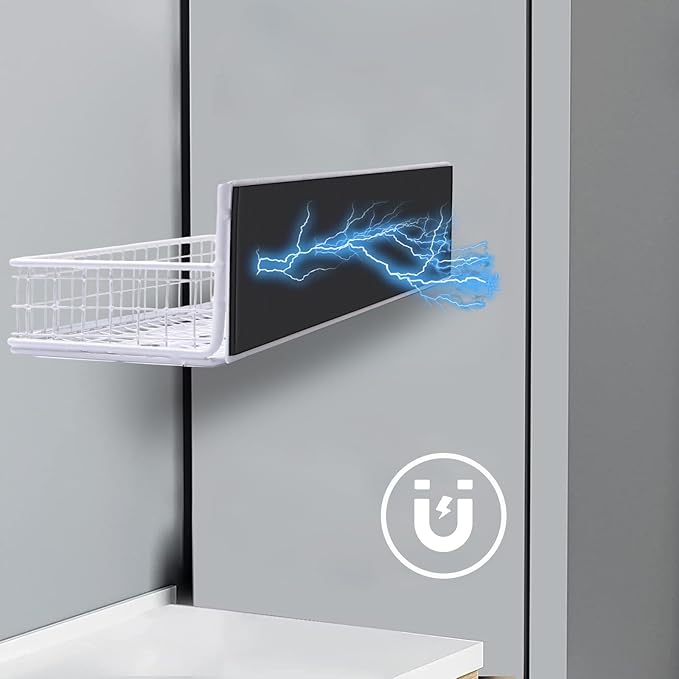 Magnetic Shelf for Fridge Magnetic Basket Organizer Wire Mesh Magnetic Holder Magnet Shelf Accessories for Office Kitchen Classroom Storage,White, 13.77" x 5.11" x 1.7"-Ruum Studio Home