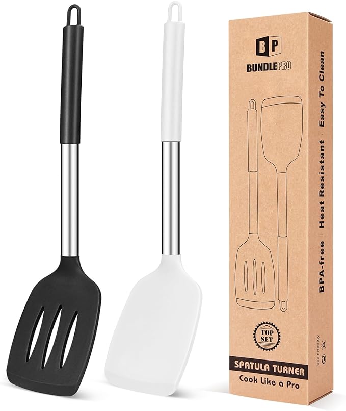 Pack of 2 Silicone Solid Turner, Non Stick Slotted Kitchen Spatulas, High Heat Resistant BPA Free Cooking Utensils, Ideal Cookware for Fish, Eggs, Pancakes(Black-White)-Ruum Studio Home