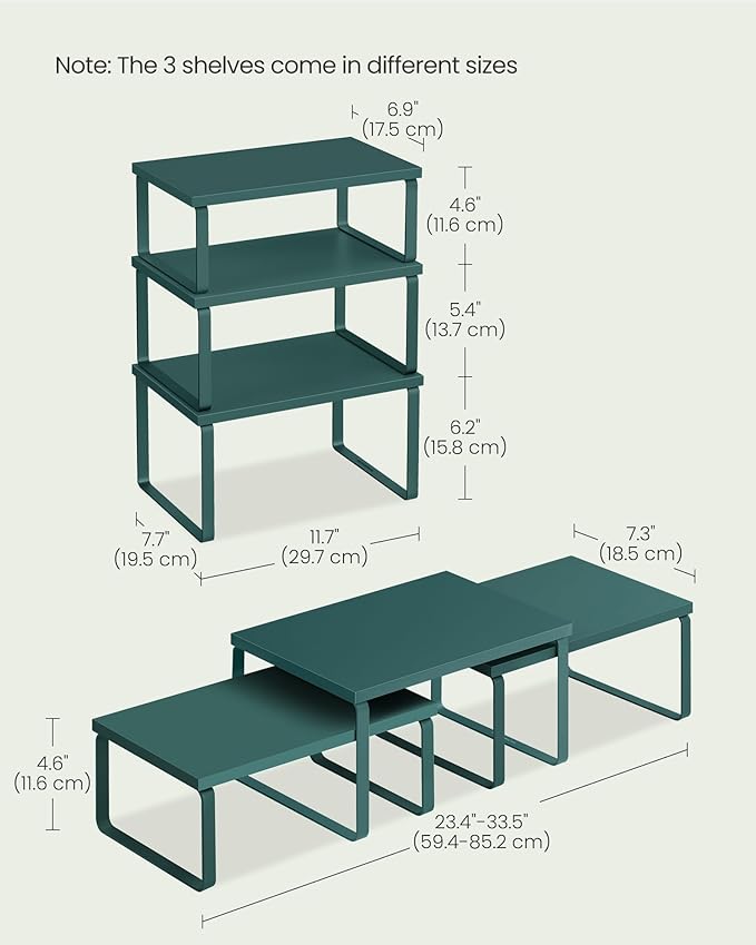 SONGMICS Cabinet Organizer Shelf, Set of 3 Kitchen Counter Shelves, Kitchen Storage, Spice Rack, Stackable, Expandable, Cascade Green UKCS220C01V1-Ruum Studio Home