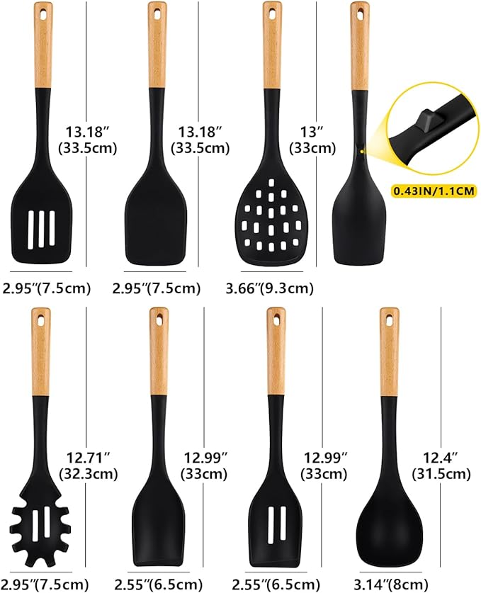 Silicone Kitchen Utensil Set for Non Stick Cookware, 7 Pcs Heat Resistant Cooking Utensils with Wooden Handle, BPA Free Kitchen Tools with Spatulas, Spoons, Skimmer and Pasta Fork (BLACK)-Ruum Studio Home