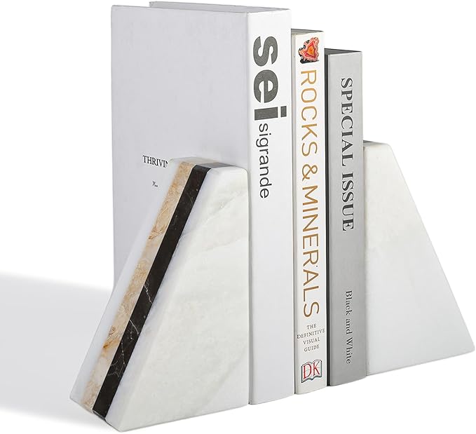 Marble Book Ends, Non-Skid Bookends for Shelves, Composite Bookend with Natural Marble, Heavy Duty Book Stopper, Collected CDs and Oversized Books Organizer, Gold & Black Decorative Bookends-Ruum Studio Home