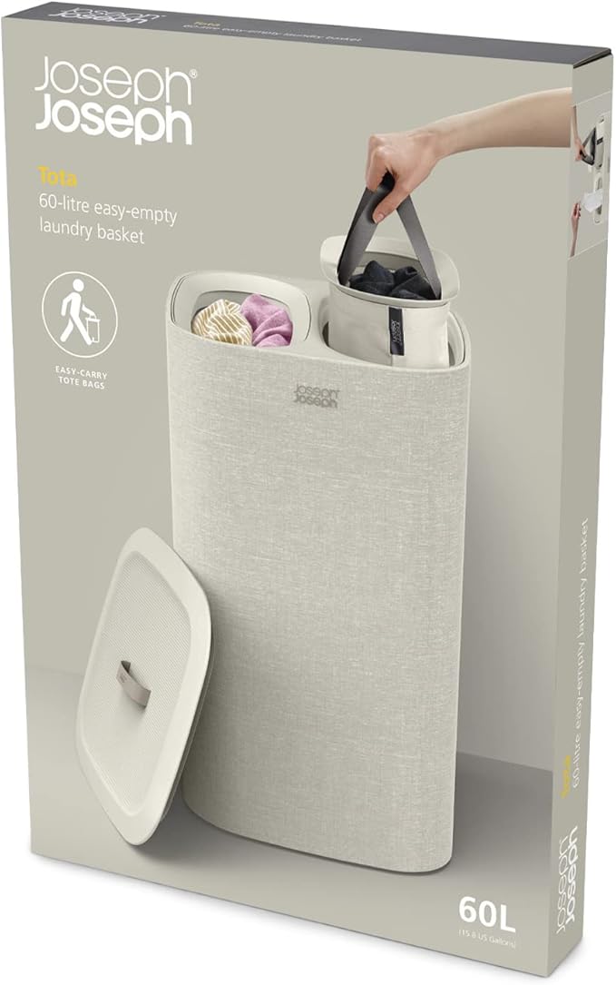 Joseph Joseph Tota 60 liter/15.8 gallon Laundry Hamper Separation Basket with lid, 2 Removable Washing Bags with Handles- Ecru-Ruum Studio Home