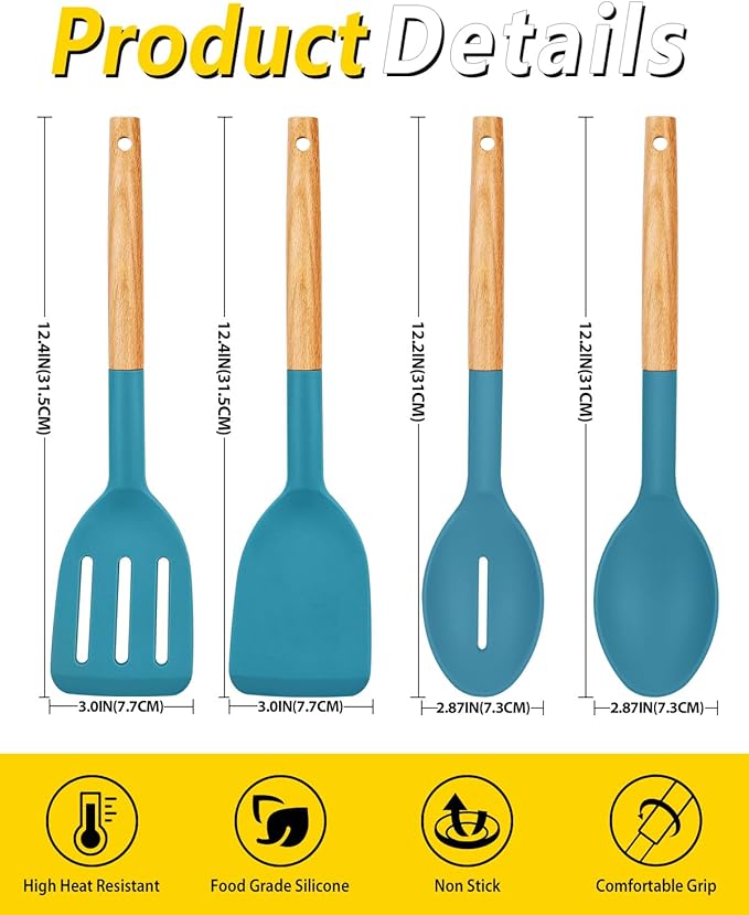 Pack of 4 Silicone Cooking Utensils Set, Non Stick Solid Spatulas and Heat Resistant Slotted Spoons with Wooden Handle, Ideal Wood Kitchen Utensils Set for Frying,Serving,Turning,Stirring (BLUE)-Ruum Studio Home