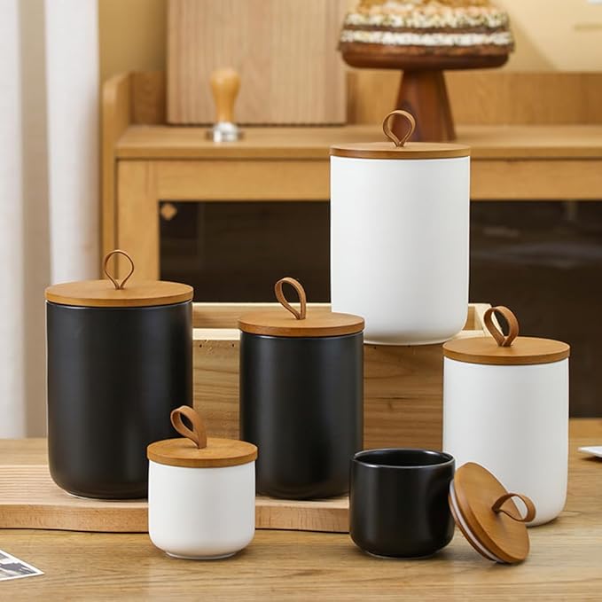 YYW Kitchen Canister Set for Countertop Set of 3, 9/28/45 oz Ceramic Food Storage Containers with Airtight Wood Lids, Food Saver Jars for Coffee, Tea, Candy, Flour(Three-piece suit in black)-Ruum Studio Home