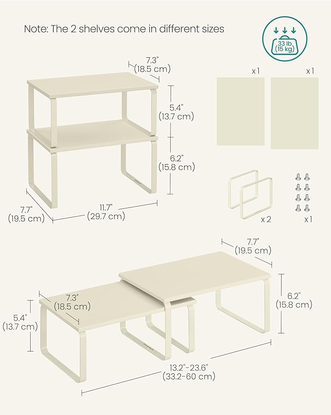 SONGMICS Cabinet Organizer Shelf, Set of 2 Kitchen Counter Shelves, Kitchen Storage, Spice Rack, Stackable, Expandable, Metal and Engineered Wood, Cream White UKCS002W02-Ruum Studio Home