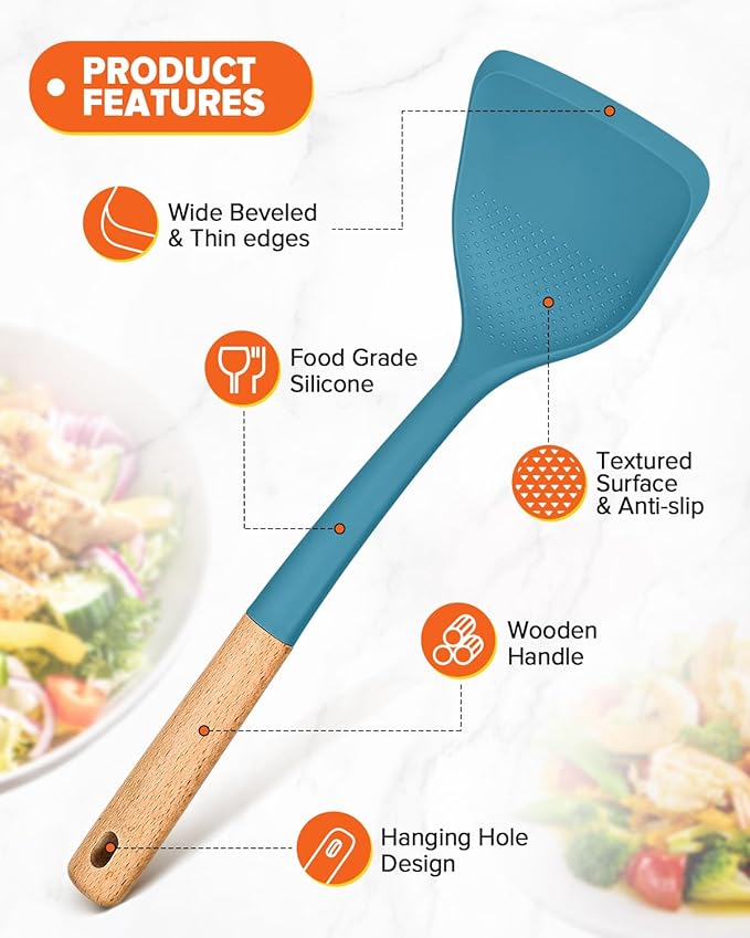 Silicone Cooking Utensils Set, Perfectly Angled for Frying, Mixing,Serving,Draining,Turning and Stirring, BPA-Free Matte Silicone, Wood Handles, Safe for Nonstick Cooking Surfaces,4 Pack (Blue)-Ruum Studio Home