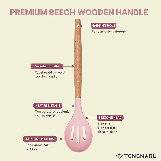 Silicone Cooking Utensils Set, Premium Beech Wood Handle Kitchen Gadgets Utensil Set, Non-Stick Kitchen Utensils Spatula, Tongs, Turner, Whisk, Brush, Spoon, BPA FREE, 446°F Resistant (Pink)-Ruum Studio Home