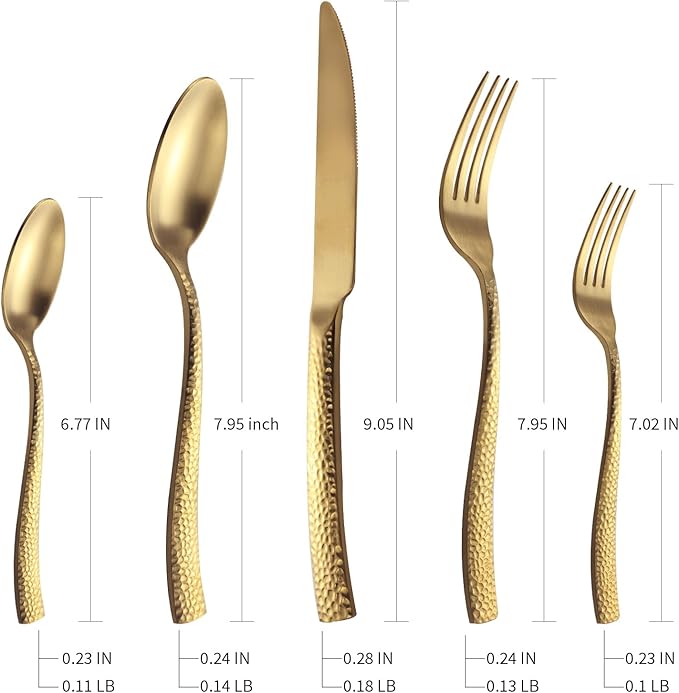 Silverware 45-Piece Matte Gold Hammered Flatware Set with Serving Utensils, Stainless Steel Thick Handle Matte Polished Cutlery Set for Wedding Hotel Restaurant, Service for 8