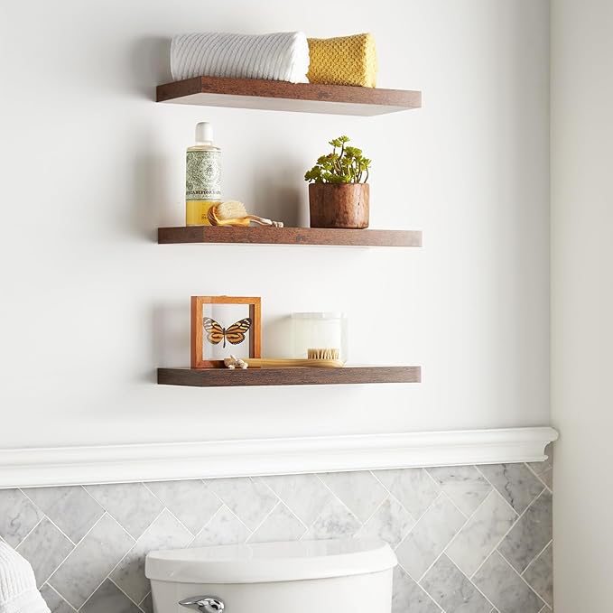 BAYKA Floating Shelves for Wall, 22.5 inches Wall Mounted Rustic Wood Shelves for Bathroom, Bedroom, Living Room, Floating Shelves for Books/Storage/Decor(Rustic Brown,Set of 3)-Ruum Studio Home