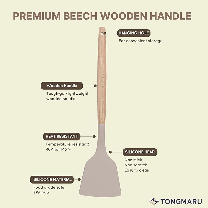 Silicone Cooking Utensils Set, Premium Beech Wood Handle Kitchen Gadgets Utensil Set, Non-Stick Kitchen Utensils Spatula, Tongs, Turner, Whisk, Brush, Spoon, BPA FREE, 446°F Resistant (Khaki)-Ruum Studio Home