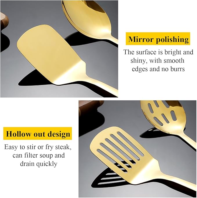 Homquen Gold Kitchen Utensils Set 4pcs, Titanium Gold Plating Stainless Steel Cooking Utensils Set, Kitchen Tools Spatulas Set, Cooking Spoons, Home Essentials Kitchen Gadgets Accessories-Ruum Studio Home