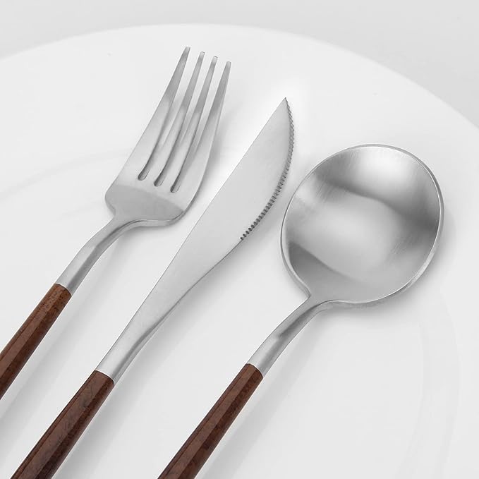 Matte Silver Silverware Set With Brown Handle, Vanys 20 Piece Stainless Steel Cutlery Flatware Set, Kitchen Utensil Sets for 4, Tableware With Knife Spoons And Forks Set, Satin Finished Polished-Ruum Studio Home