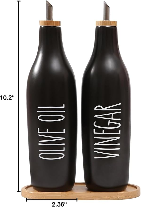 HOMCDALY Olive Oil and Vinegar Dispenser Set, Ceramic Oil and Vinegar Bottles with Bamboo Tray, 16.9oz Kitchen Cruet - Set of 2 - Black-Ruum Studio Home