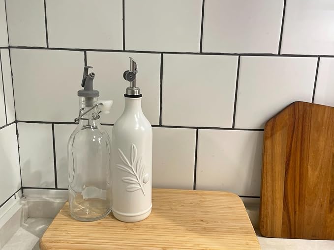 20 Oz Ceramic Olive Oil Dispenser Bottle, with Stainless Steel Spout & Funnel, Ideal for Oil, Vinegar, Coffee Syrup & Liquids (White)-Ruum Studio Home