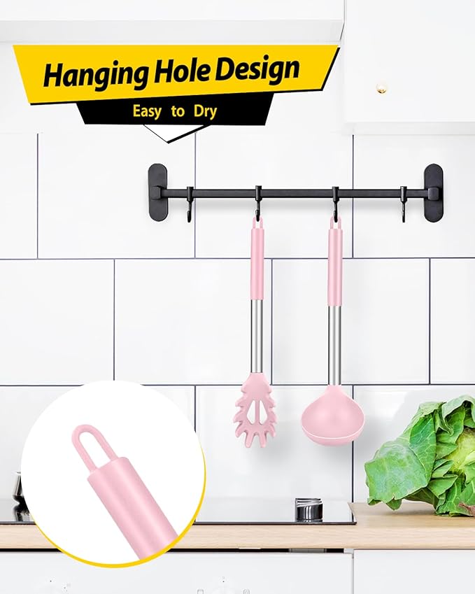 Silicone Pasta Fork and Ladle Spoon Set, Large Non Stick Kitchen Utensils for Cooking,Stirring,Serving Spaghetti, Soup, Sauce (PINK)-Ruum Studio Home