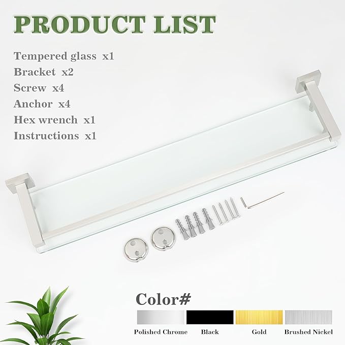 Alise Bathroom Shelf Wall Mounted, Brushed Nickel Large Capacity Glass Shelf for Bathroom, 24 inch-Ruum Studio Home