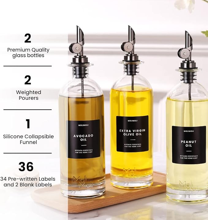Molimoli Oil and Vinegar Dispenser with Metal Pour Spout, Weighted Pourer, Glass Bottle Dispenser for Kitchen, Olive Oil Cruet, Glass Olive Oil Bottle | 500ml, Set of 2-Ruum Studio Home