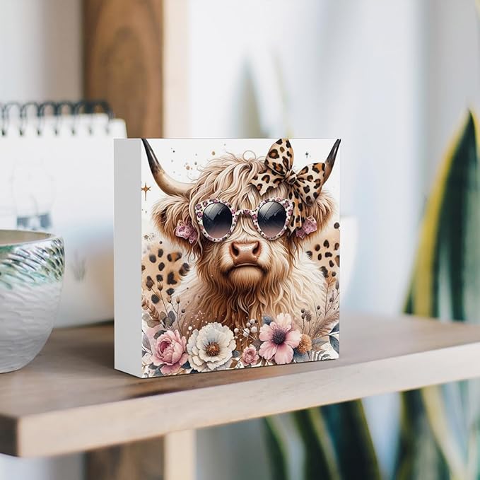 Highland Cow Decor, Highland Cow Gifts for women, Cow With Leopard Bow, Highland Cow Nursery Decor, Wooden Box Decor Sign for Home Farmhouse Office Living Room Table Shelf-Ruum Studio Home